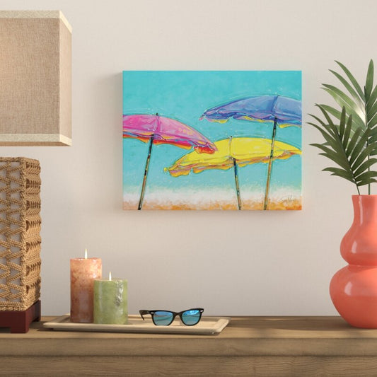 Vibrant Beach Umbrellas: Colorful Summer Scene Oil Painting