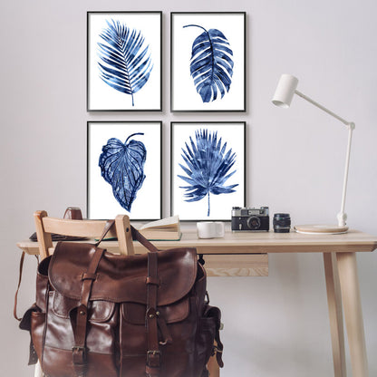 Elegant Blue Botanical Leaf Art Set for Modern Home Decor