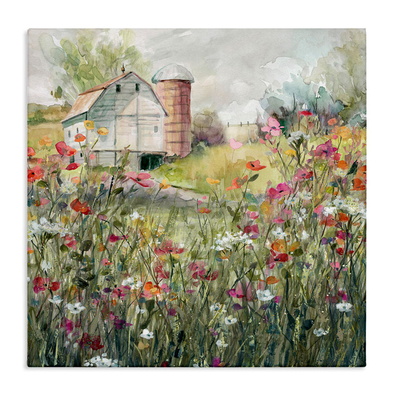 Vibrant Flower Garden with Rustic Barn in Tranquil Country Landscape Print