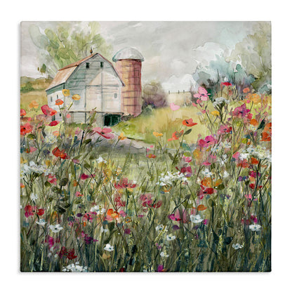 Vibrant Flower Garden with Rustic Barn in Tranquil Country Landscape Print