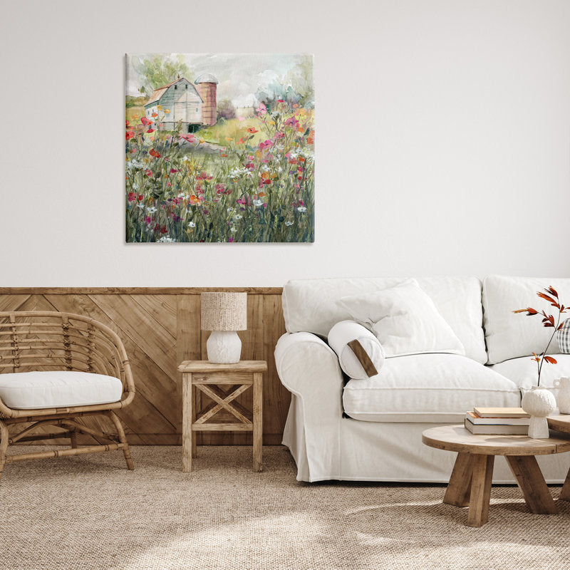 Vibrant Flower Garden with Rustic Barn in Tranquil Country Landscape Print
