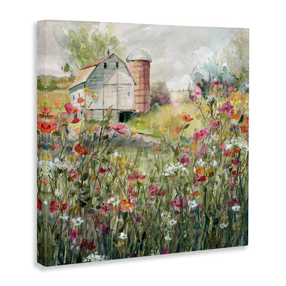 Vibrant Flower Garden with Rustic Barn in Tranquil Country Landscape Print