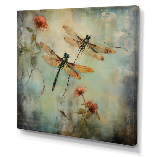 Stunning Dragonflies in Vintage Floral Landscape Oil Painting