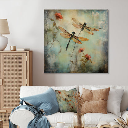 Stunning Dragonflies in Vintage Floral Landscape Oil Painting