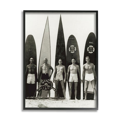 Classic Surfing Scene: Vintage Men with Surfboards in Black and White