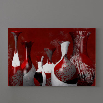 Contemporary Red and White Abstract Oil Painting of Elegant Vases