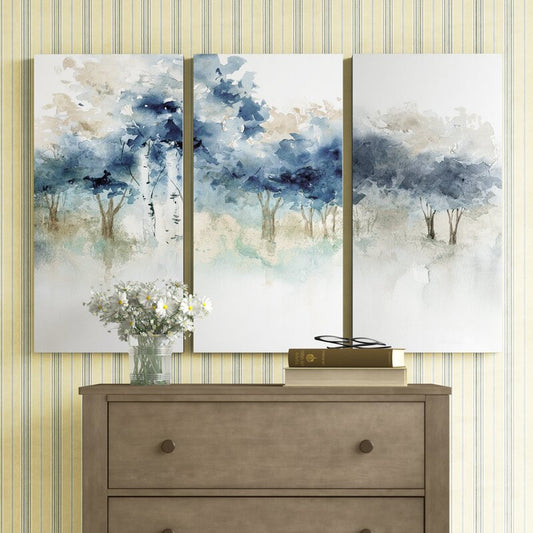 Serene Triptych Oil Painting of Tranquil Waters and Lush Blue Trees