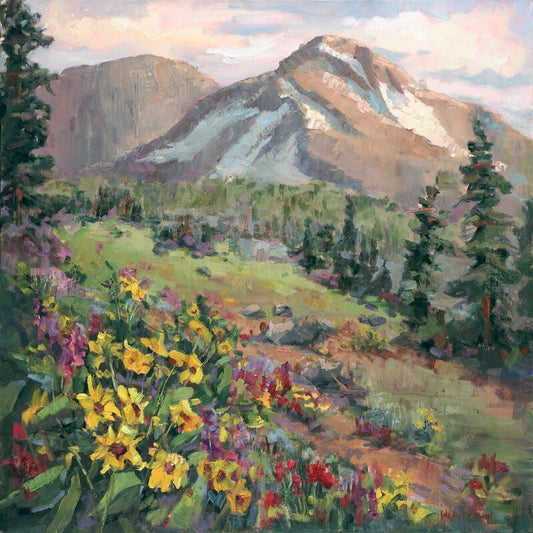 Serene Mountain Landscape with Vibrant Wildflowers Oil Painting