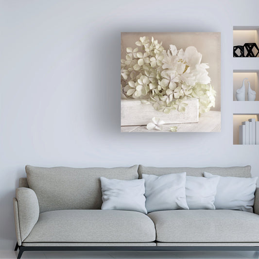 Elegant White Flower Arrangement in Rustic Box - Stunning Oil Painting