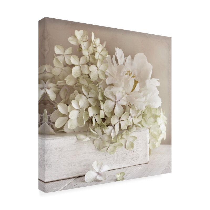 Elegant White Flower Arrangement in Rustic Box - Stunning Oil Painting