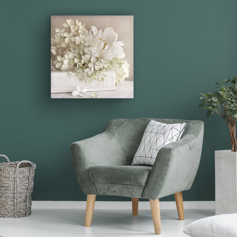 Elegant White Flower Arrangement in Rustic Box - Stunning Oil Painting