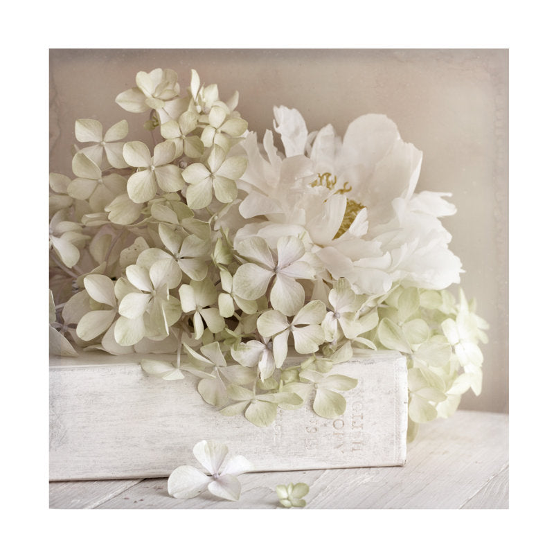 Elegant White Flower Arrangement in Rustic Box - Stunning Oil Painting
