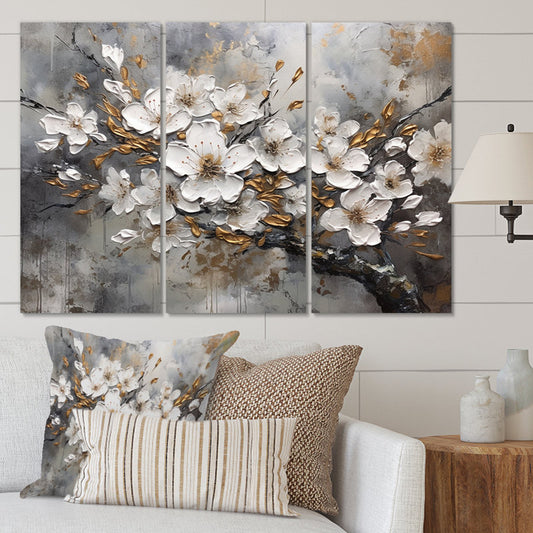 Elegant White Cherry Blossom Triptych Art for Modern Home Decor