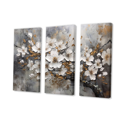 Elegant White Cherry Blossom Triptych Art for Modern Home Decor
