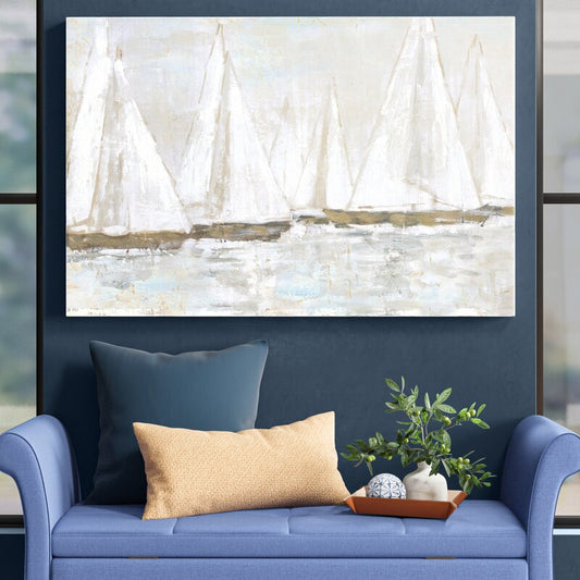 Serene White Sailboats on Tranquil Waters Oil Painting for Home Decor