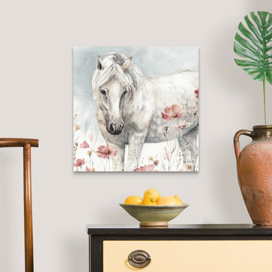 Elegant White Horse in Blooming Meadow Oil Painting