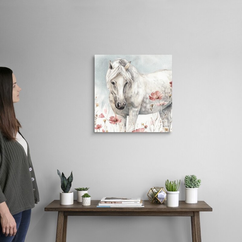 Elegant White Horse in Blooming Meadow Oil Painting