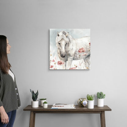 Elegant White Horse in Blooming Meadow Oil Painting