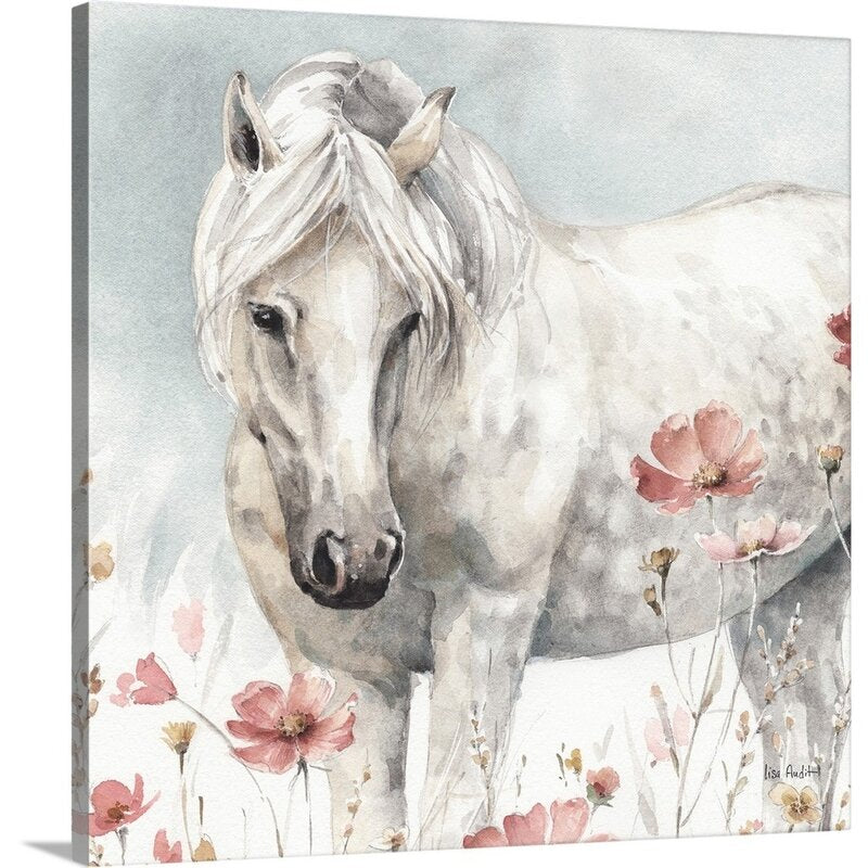 Elegant White Horse in Blooming Meadow Oil Painting