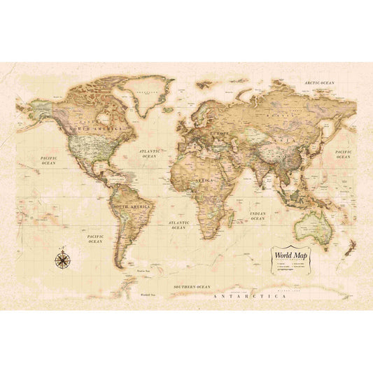 Vintage Sepia World Map Oil Painting for Home and Office Decor