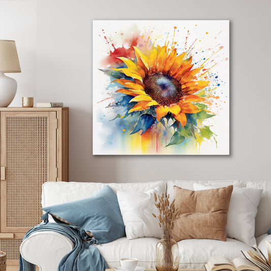 Vibrant Sunflower Oil Painting with Yellow and Blue Accents for Home Decor