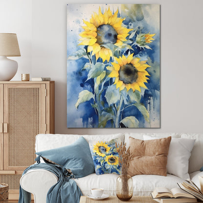 Vibrant Yellow Sunflowers with Blue Background - Stunning Oil Painting
