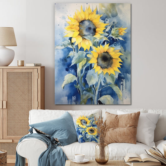 Vibrant Yellow Sunflowers with Blue Background - Stunning Oil Painting