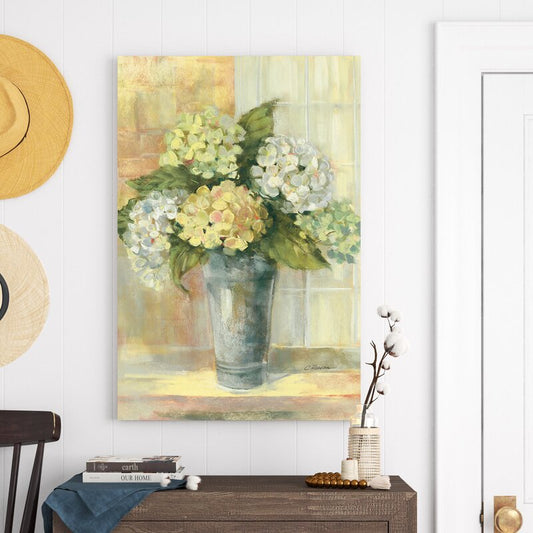 Vibrant Yellow Hydrangea Oil Painting in Rustic Vase for Elegant Home Decor