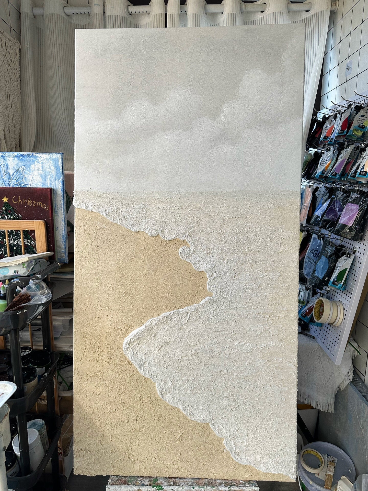 Textured Coastal Landscape Oil Painting with Beach and Cloudy Sky