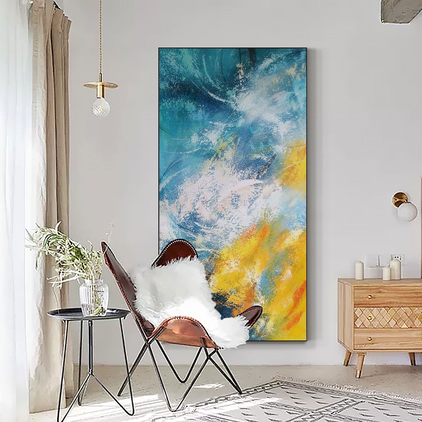 Vibrant Blue and Yellow Abstract Oil Painting for Modern Home Decor