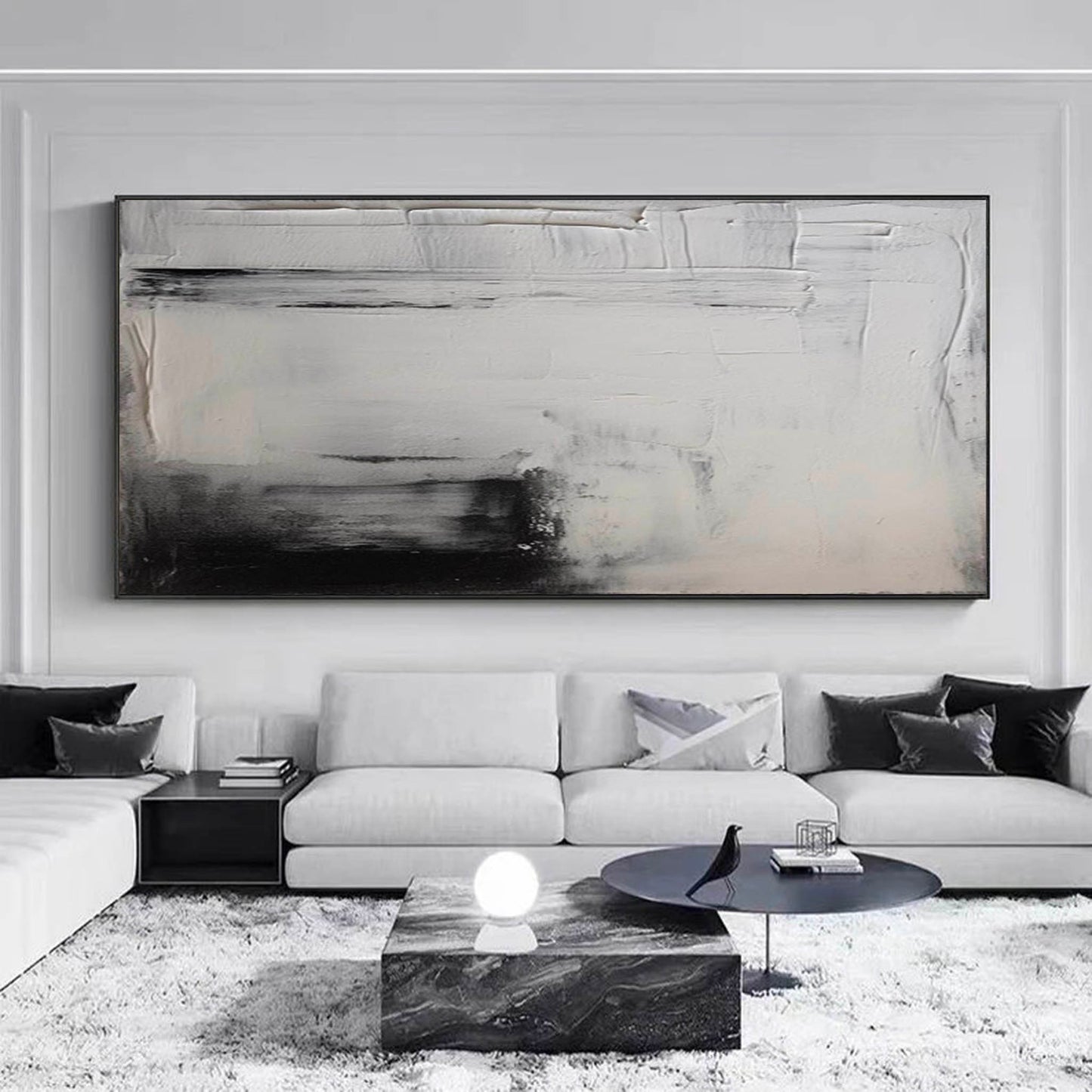 Elegant Black and White Minimalist Abstract Oil Painting for Modern Home Decor