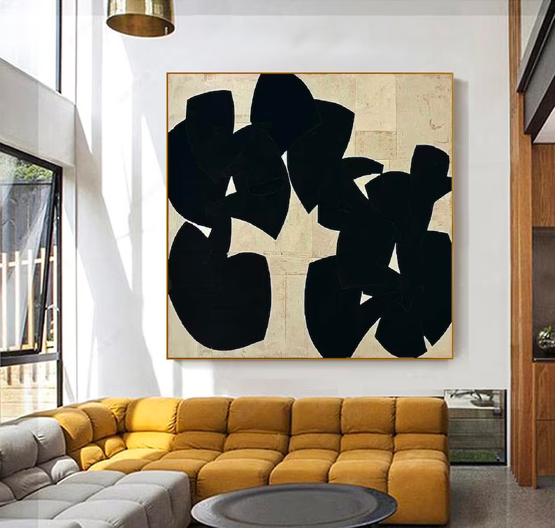 Contemporary Minimalist Abstract Oil Painting with Bold Black Shapes