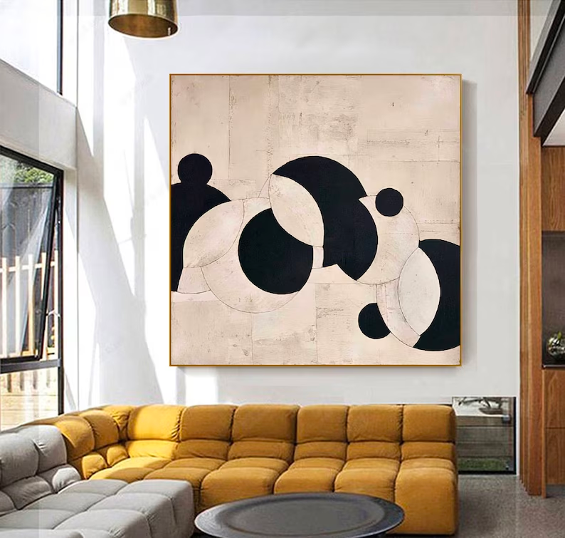 Modern Minimalist Black and White Abstract Oil Painting for Contemporary Decor