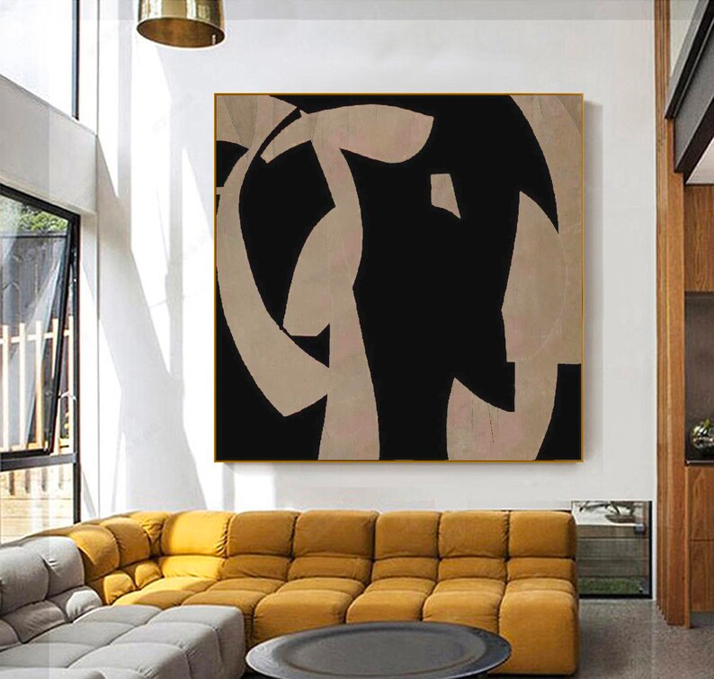 Sleek Black and Beige Minimalist Abstract Oil Painting for Modern Home Decor