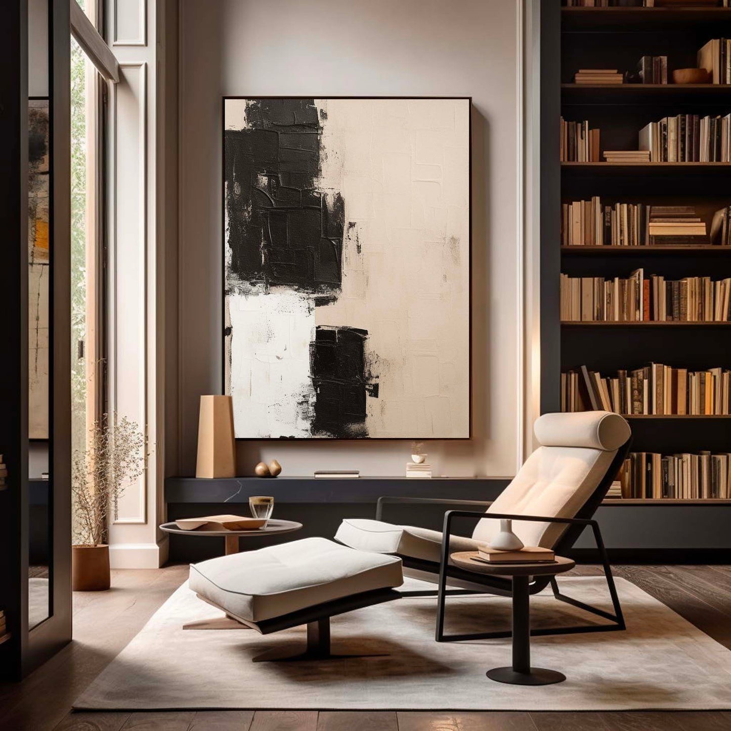 Elegant Minimalist Abstract Oil Painting in Black and White Textures