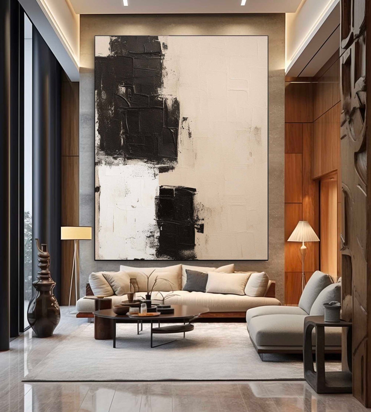 Elegant Minimalist Abstract Oil Painting in Black and White Textures