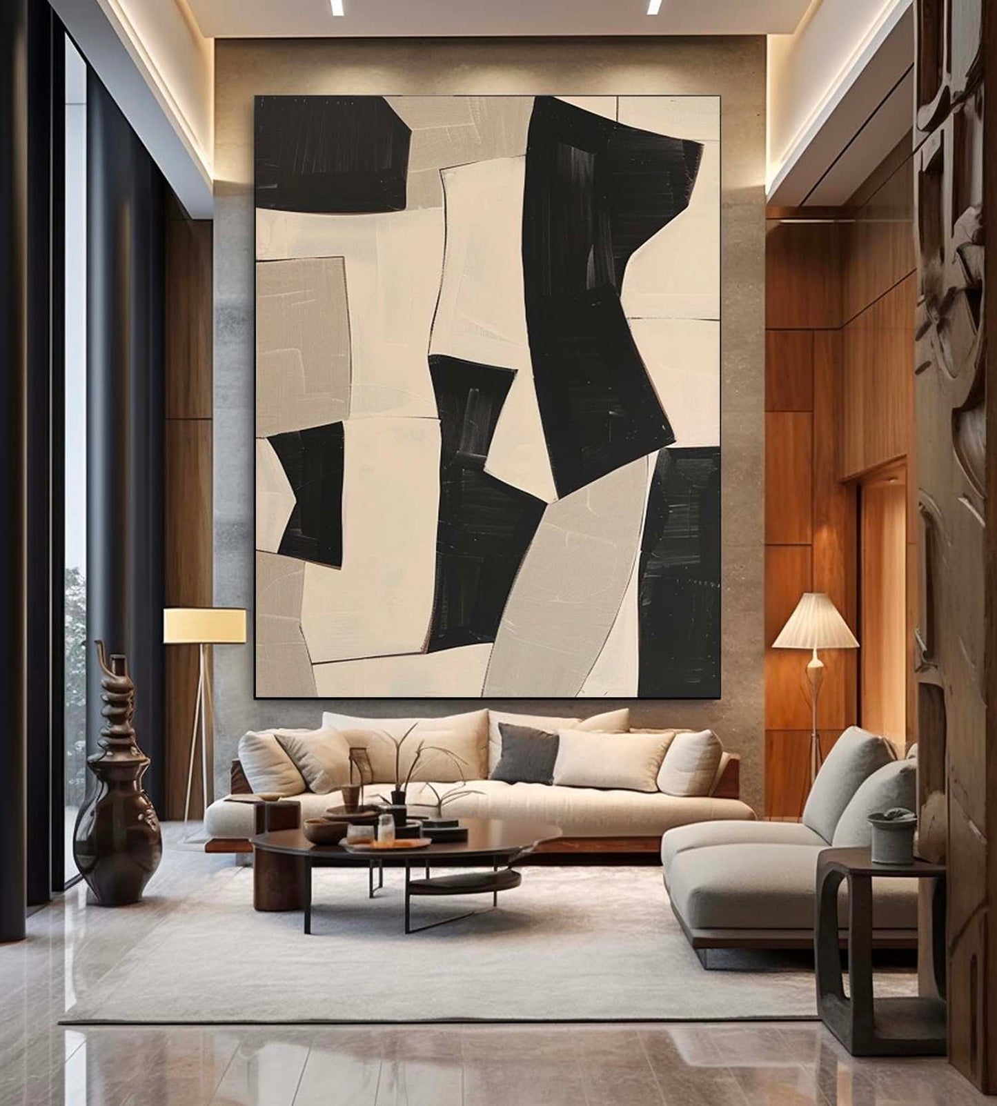 Contemporary Minimalist Black and White Abstract Oil Painting for Modern Decor