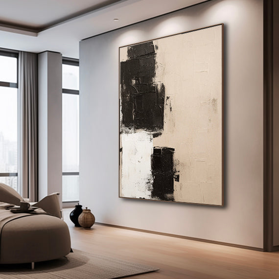 Elegant Minimalist Abstract Oil Painting in Black and White Textures