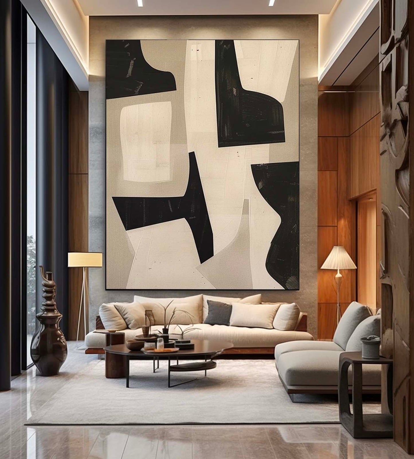 Contemporary Minimalist Abstract Oil Painting in Black and Beige Tones