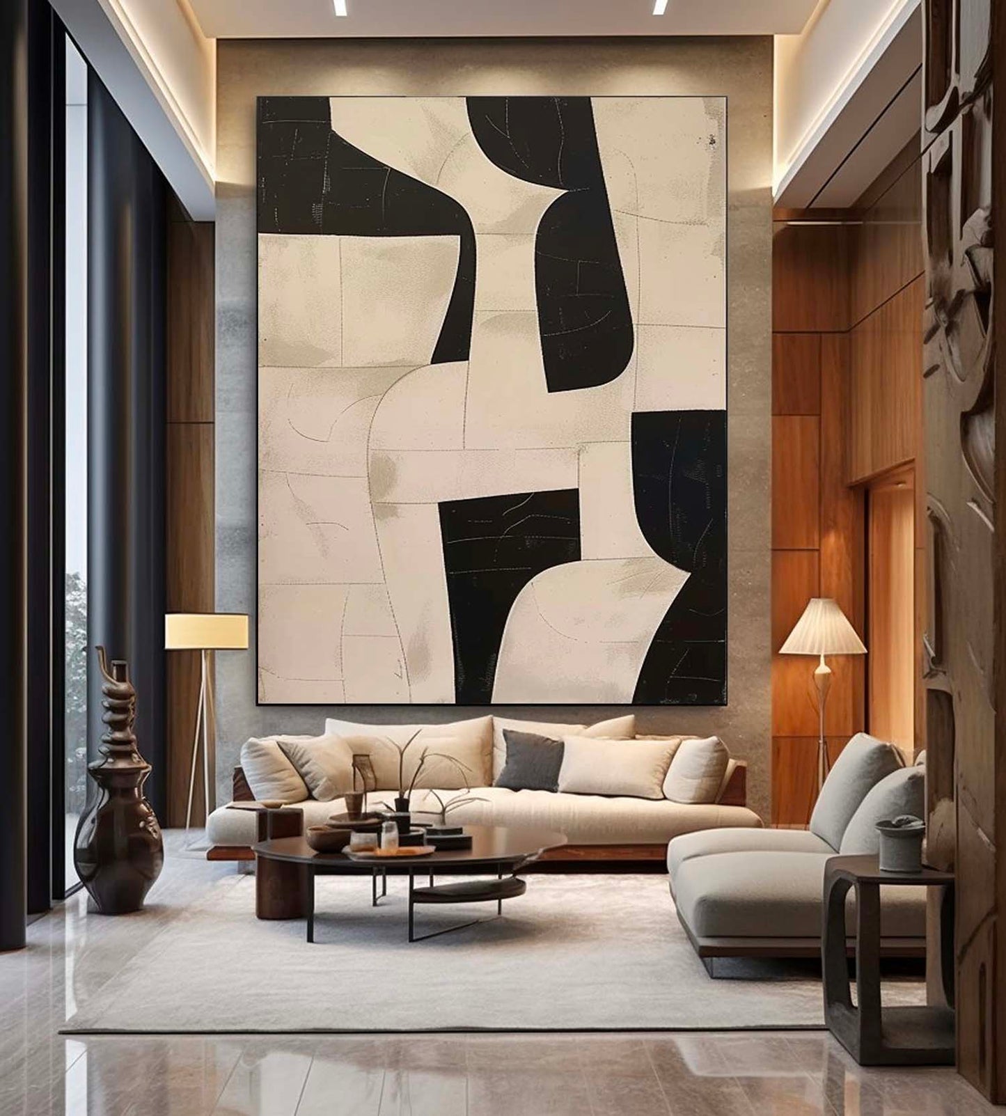 Contemporary Minimalist Black and White Abstract Oil Painting for Modern Decor