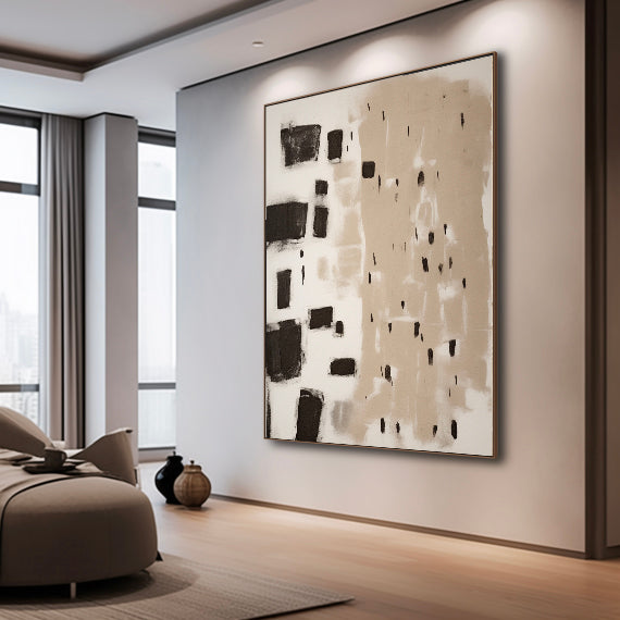 Contemporary Minimalist Abstract Oil Painting in Black and Beige Tones