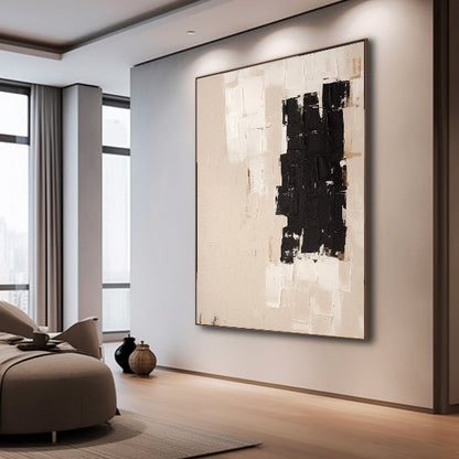 Contemporary Minimalist Black and White Abstract Oil Painting for Modern Decor