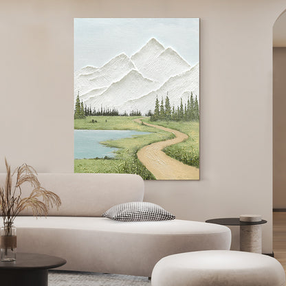 Textured Snow Mountain Lake River Hike Oil Painting 247PW