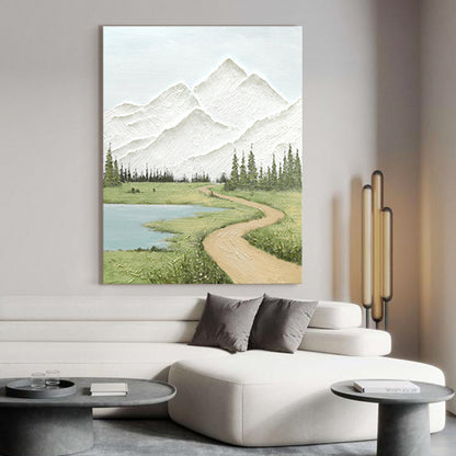 Textured Snow Mountain Lake River Hike Oil Painting 247PW