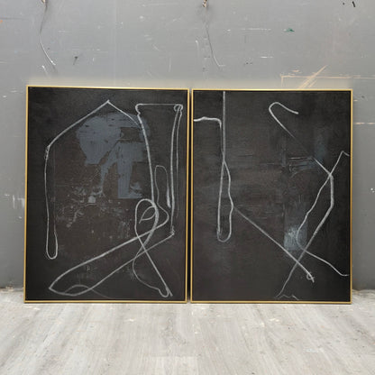 Chic Black Abstract Oil Painting with Elegant White Lines for Modern Decor