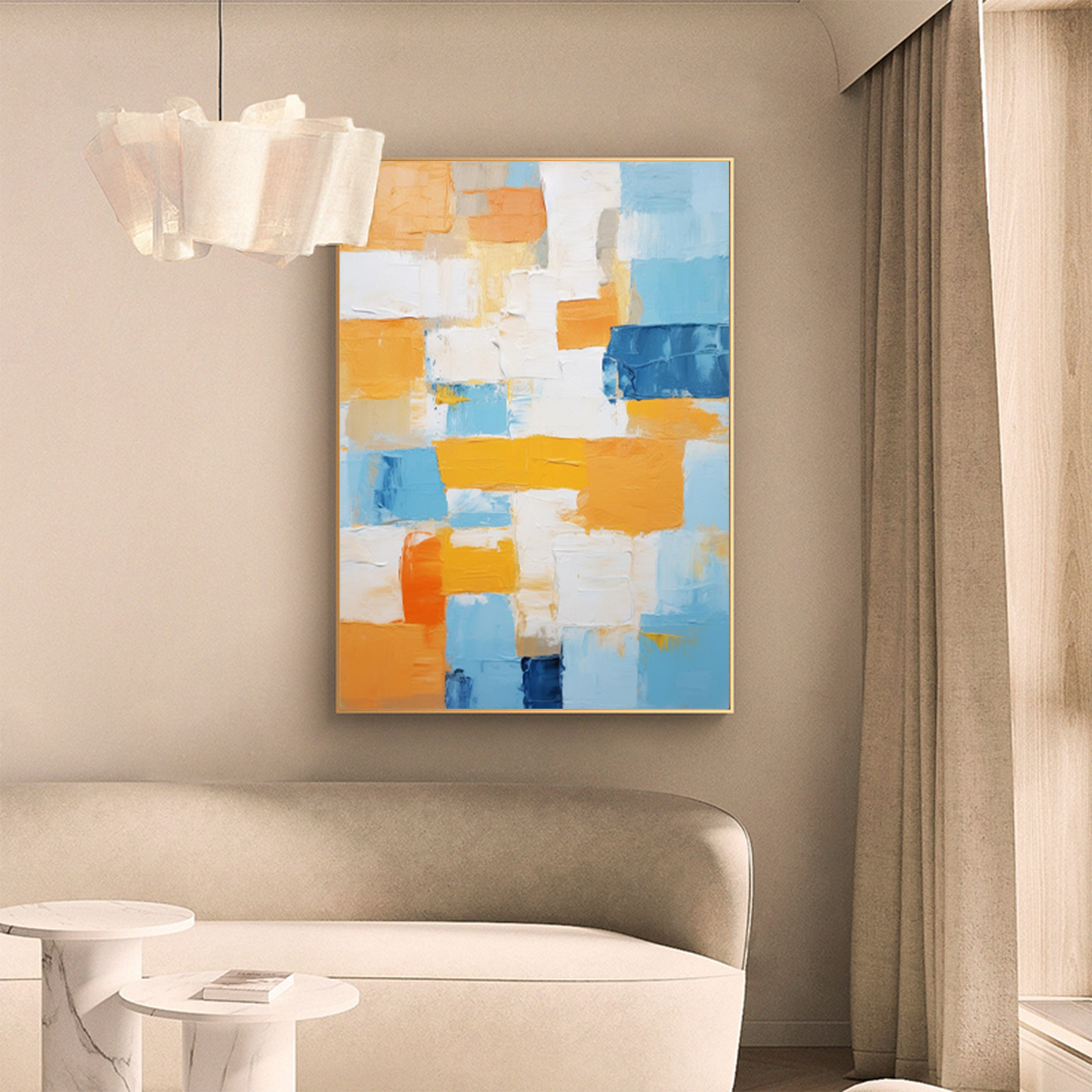 Vibrant Abstract Oil Painting in Blue, Yellow, and White for Modern Home Decor