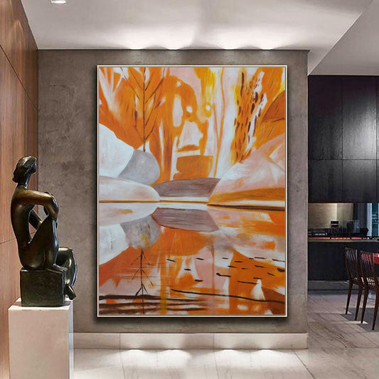 Autumn Reflection: Abstract Oil Painting of Orange Hues and Serene Water