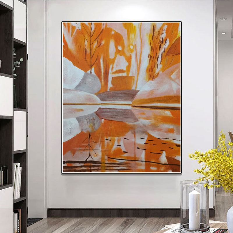 Autumn Reflection: Abstract Oil Painting of Orange Hues and Serene Water