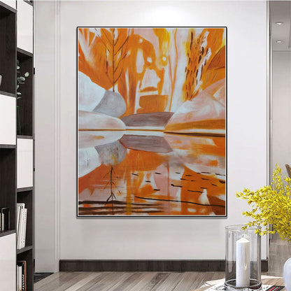 Autumn Reflection: Abstract Oil Painting of Orange Hues and Serene Water