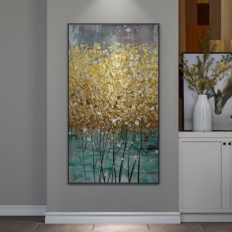 Golden Floral Serenity: Elegant Oil Painting for Modern Home Decor